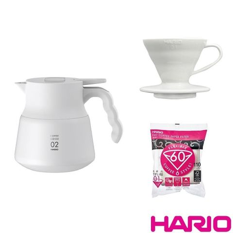 【南紡購物中心】 【HARIO】V60不鏽鋼保溫咖啡壺白色PLUS+V60磁石01濾杯+濾紙