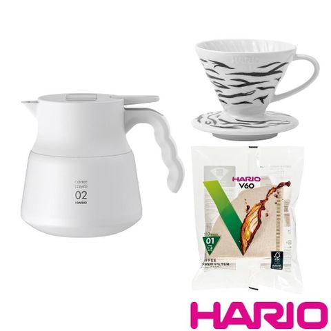 HARIO 【南紡購物中心】 V60不鏽鋼保溫咖啡壺白色PLUS+限量虎紋濾杯+濾紙