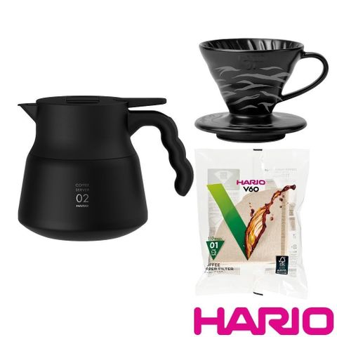【南紡購物中心】 【HARIO】V60不鏽鋼保溫咖啡壺黑色+限量虎紋濾杯+濾紙