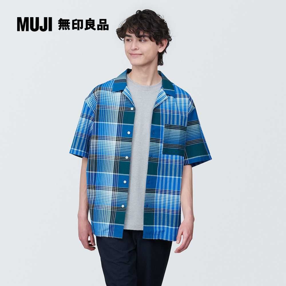 MUJI 無印良品 男有機棉馬杜拉斯格紋開領短袖襯衫