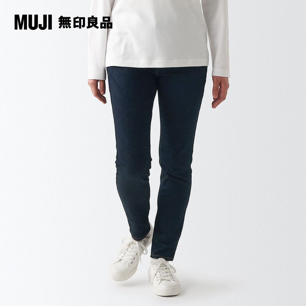 MUJI 無印良品 女有機棉混超彈力丹寧窄版褲_暗藍