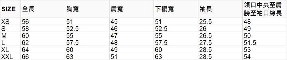 領口中央至SIZE 全長胸寬肩寬565852.560556257.5 6460XXL 6663肩 46   49 51下擺寬袖長至袖口總長5125.54852.5264926.55057.527.551.56028.5536328.554