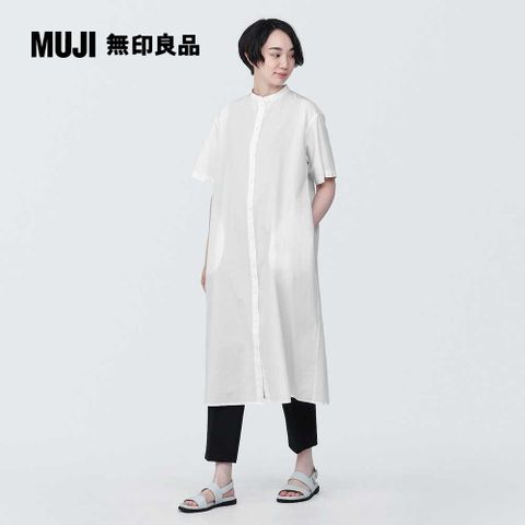 MUJI 無印良品 女有機棉涼感平織布立領短袖洋裝