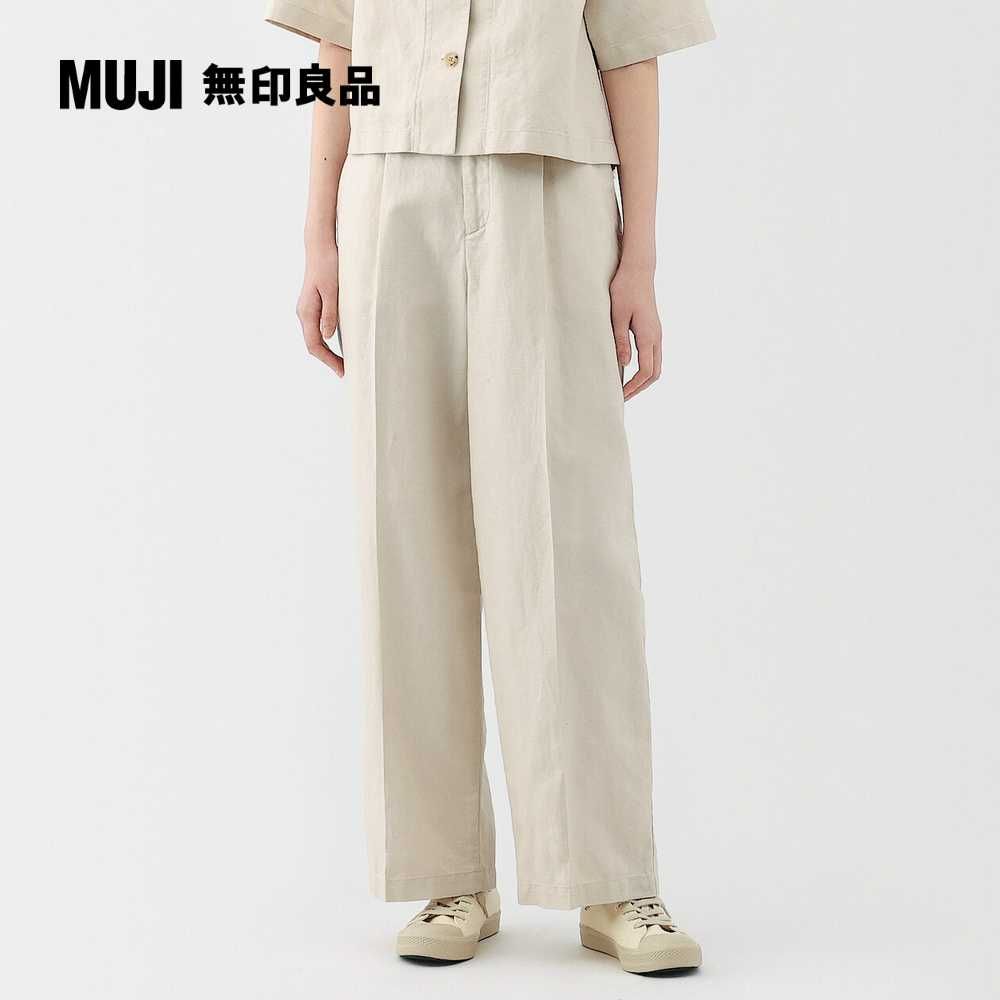 MUJI 無印良品 女大麻混斜紋織打褶寬版褲