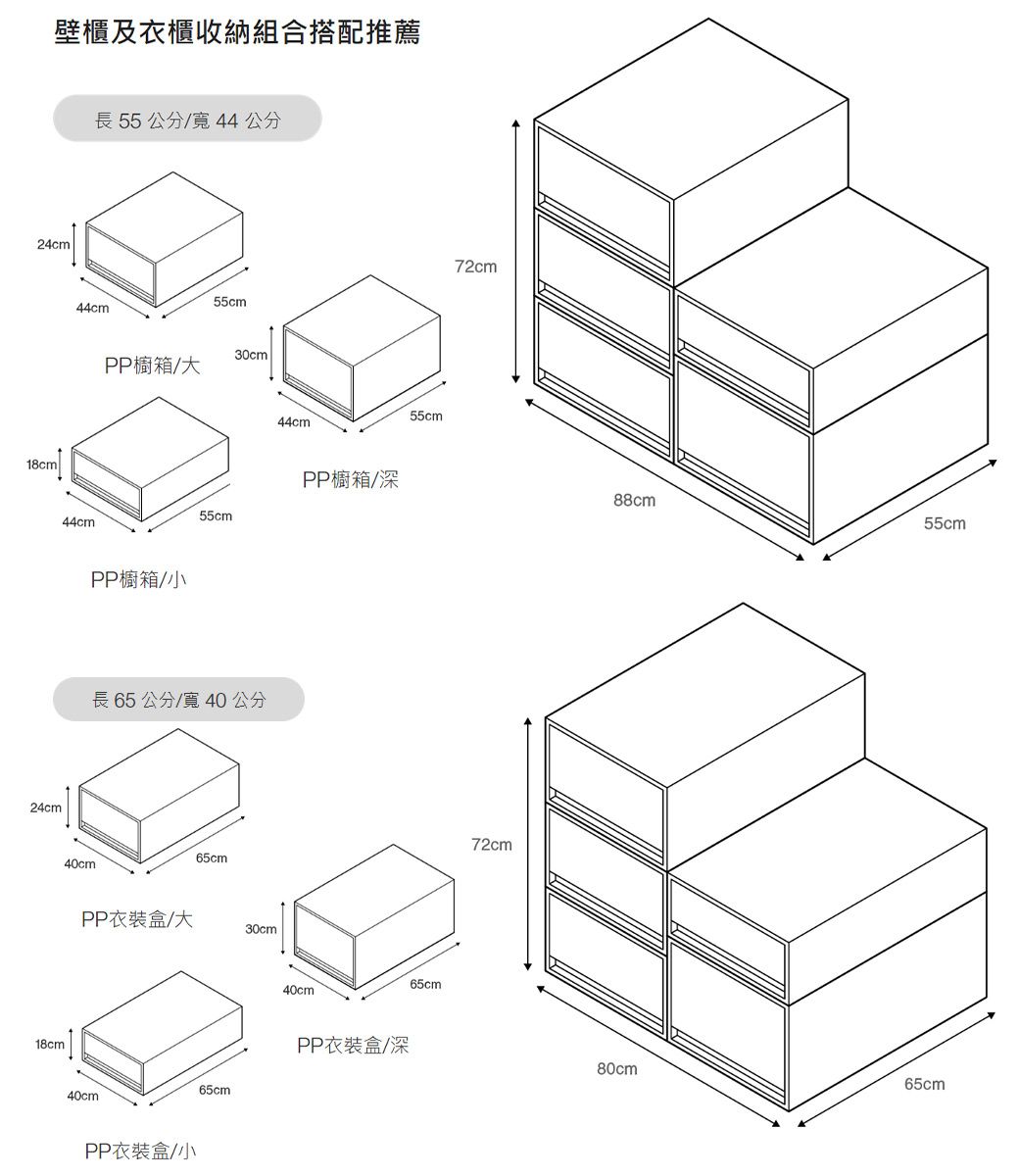 壁櫃及衣櫃收納組合搭配推薦24cm18cm24cm長55公分/寬44公分44cm44cm18cmPP櫥箱/大PP櫥箱/小55cm30cml44cm55cmPP櫥箱/深長65公分/寬40公分40cm65cmPP衣裝盒/大30cm40cmPP衣裝盒/小65cm40cm55cmPP衣裝盒/深65cm72cm72cm88cm55cm80cm65cm