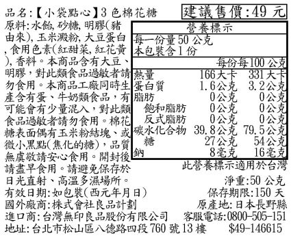 品名:【小袋點心3色棉花糖 建議售價:49元原料:水飴,砂糖,明膠(豬營養標示每份每100公克由來,玉米澱粉,大豆蛋白 每一份量50公克,食用色素(紅甜菜,紅花黃 本包裝含1份),香料。本商品含有大豆明膠,對此類食品過敏者請熱量勿食用。本商品工廠同時生 蛋白質含有蛋、牛奶類食品,有脂肪可能會有少量混入,對此類 飽和脂肪食品過敏者請勿食用。棉花 反式脂肪糖表面偶有玉米粉結塊、或碳水化合物微小黑點(焦化的糖),品質糖鈉無虞敬請安心食用。開封後請盡早食用。請避免保存於日光直射、高溫多濕場所。166 331大卡1.6公克 3.2公克0公克 0公克0公克 0公克0公克0公克79.5公克39.8公克27公克 54公克8毫克 16毫克此營養標示適用於台灣淨重:50公克有效日期:如包裝(西元年月日)國外廠商:株式會社良品計劃保存期限:150天原產地:日本長野縣進口商:台灣無印良品股份有限公司 客服電話:0800-505-151地址:台北市松山區八德路四段760號13樓$49-146615