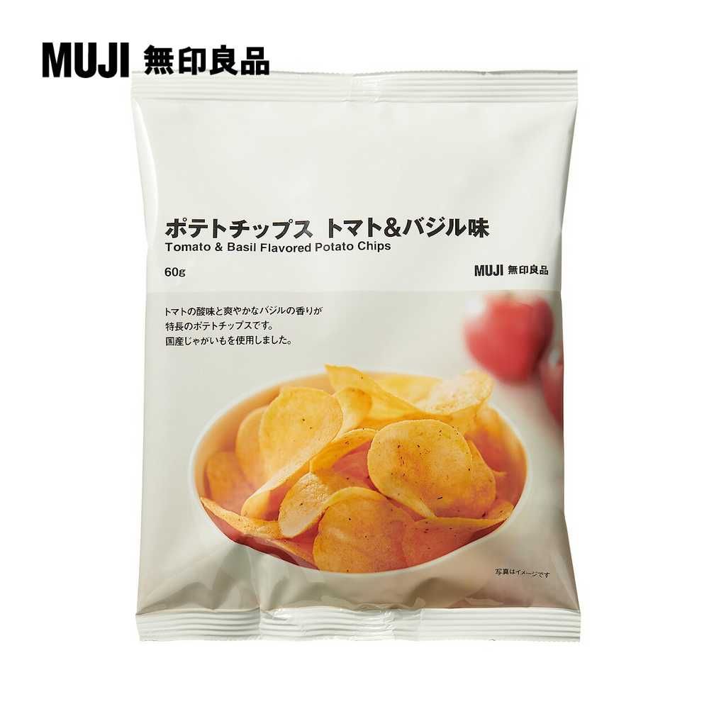 MUJI 無印良品ポテトチップス トマト&バジル味Tomato & Basil Flavored Potato Chips60gトマトの酸味と爽やかなバジルの香りが特長のポテトチップスです。国産じゃがいもを使用しました。MUJI 無印良品写真はイメージです