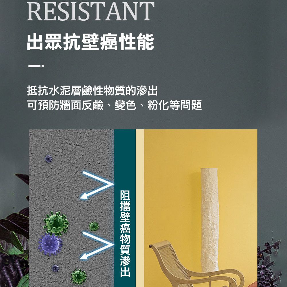 RESISTANT出眾抗性能抵抗水泥層鹼性的可預防牆面反鹼、變色、粉化等問題壁癌物質滲出