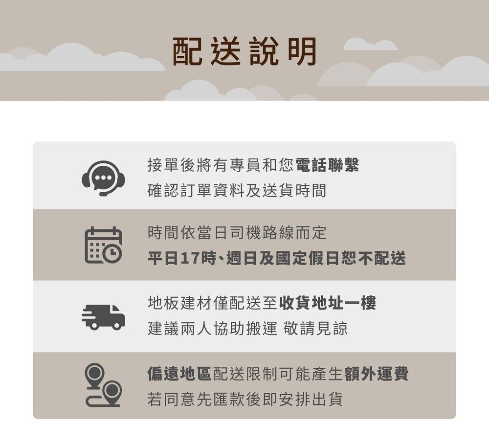 配送說明接單後將有專員和您電話聯繫確認訂單資料及送貨時間時間依當日司機路線而定平日17時、週日及國定假日恕不配送地板建材僅配送至收貨地址一樓建議兩人協助搬運 敬請見諒偏遠地區配送限制可能產生額外運費若同意先匯款後即安排出貨