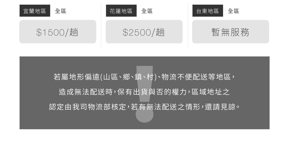 宜蘭地區全區花蓮地區 全區台東地區 全區$1500/趟$2500/趟暫無服務若屬地形偏遠(山區、鄉、鎮、村)、物流不便配送等地區,造成無法配送時,保有出貨與否的權力,區域地址之認定由我司物流部核定,若有無法配送之情形,還請見諒。