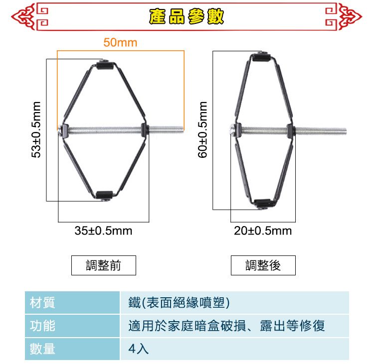 53±0.5mm50mm產品參數35±0.5mm20±0.5mm調整前調整後材質鐵(表面絕緣噴塑)功能適用於家庭暗盒破損、露出等修復數量4入