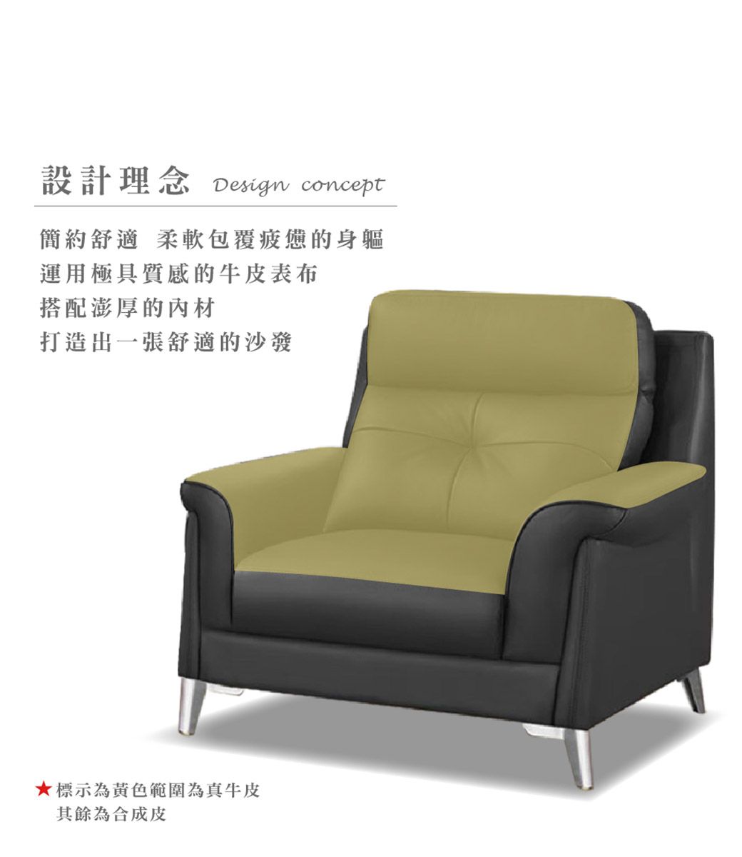 設計理念 Design concept簡約舒適柔軟包覆疲憊的身軀運用極具質感的牛皮表布搭配澎厚的材打造出一張舒適的沙發★標示為黃色範圍為真牛皮其餘為合成皮