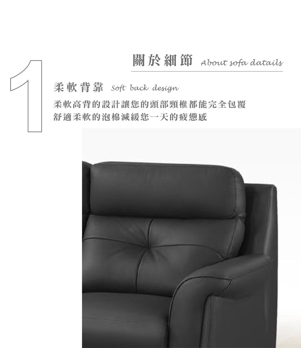1關於細節About sofa datails柔軟背靠 Soft back design柔軟高背的設計讓您的頭部頸椎都能完全包覆舒適柔軟的泡棉減緩您一天的疲憊感