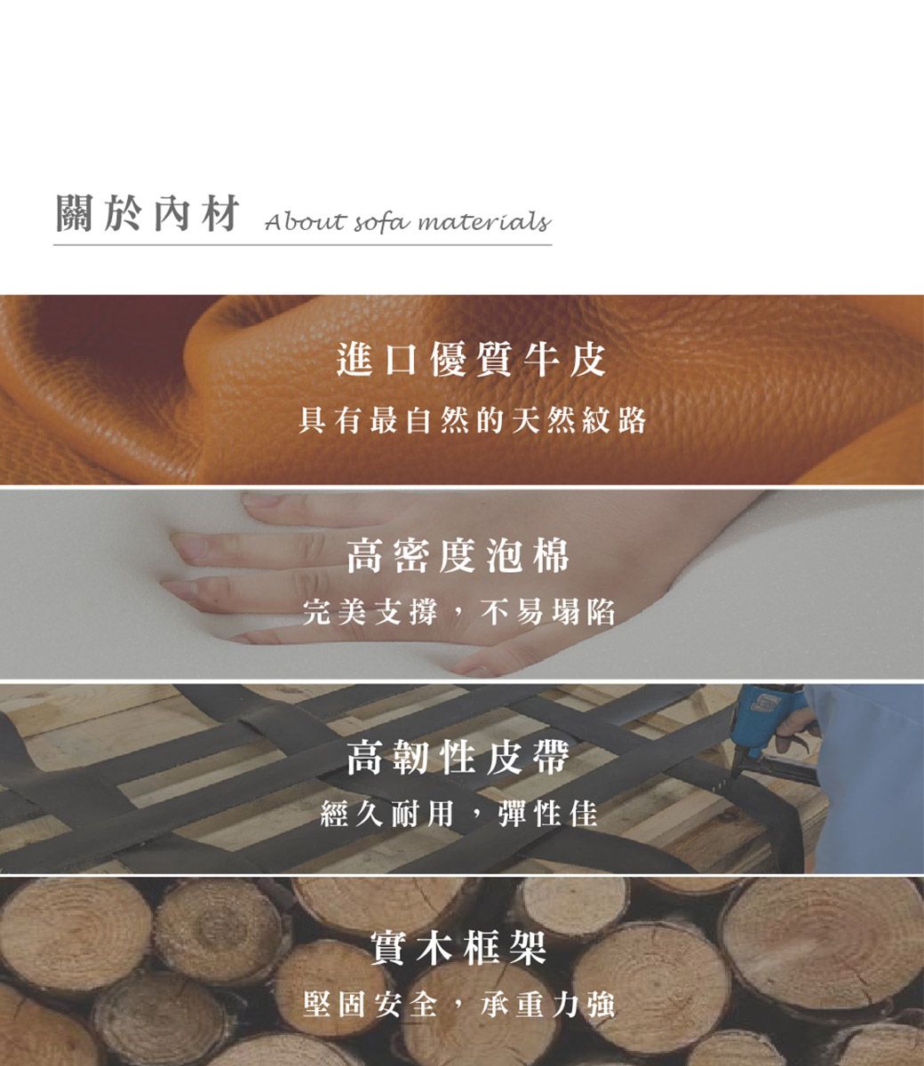 關於內材About sofa materials進口優質牛皮具有最自然的天然紋路高密度泡棉完美支撐,不易塌陷高韌性皮帶經久耐用,彈性佳實木框架堅固安全,承重力強