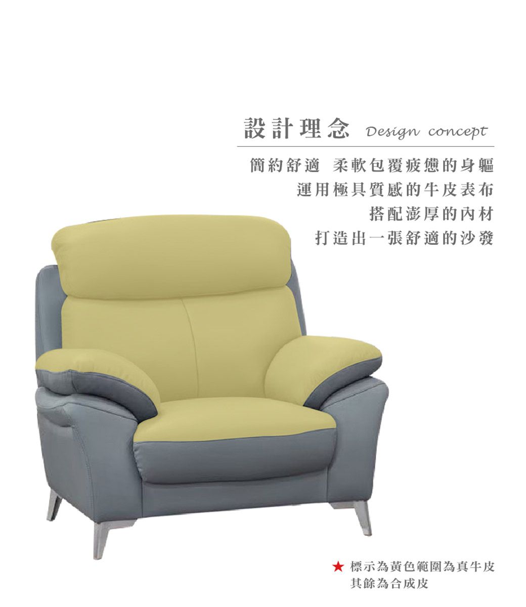 設計理念 Design concept簡約舒適柔軟包覆疲憊的身軀運用極具質感的牛皮表布搭配澎厚的材打造出一張舒適的沙發★ 標示為黃色範圍為真牛皮其餘為合成皮