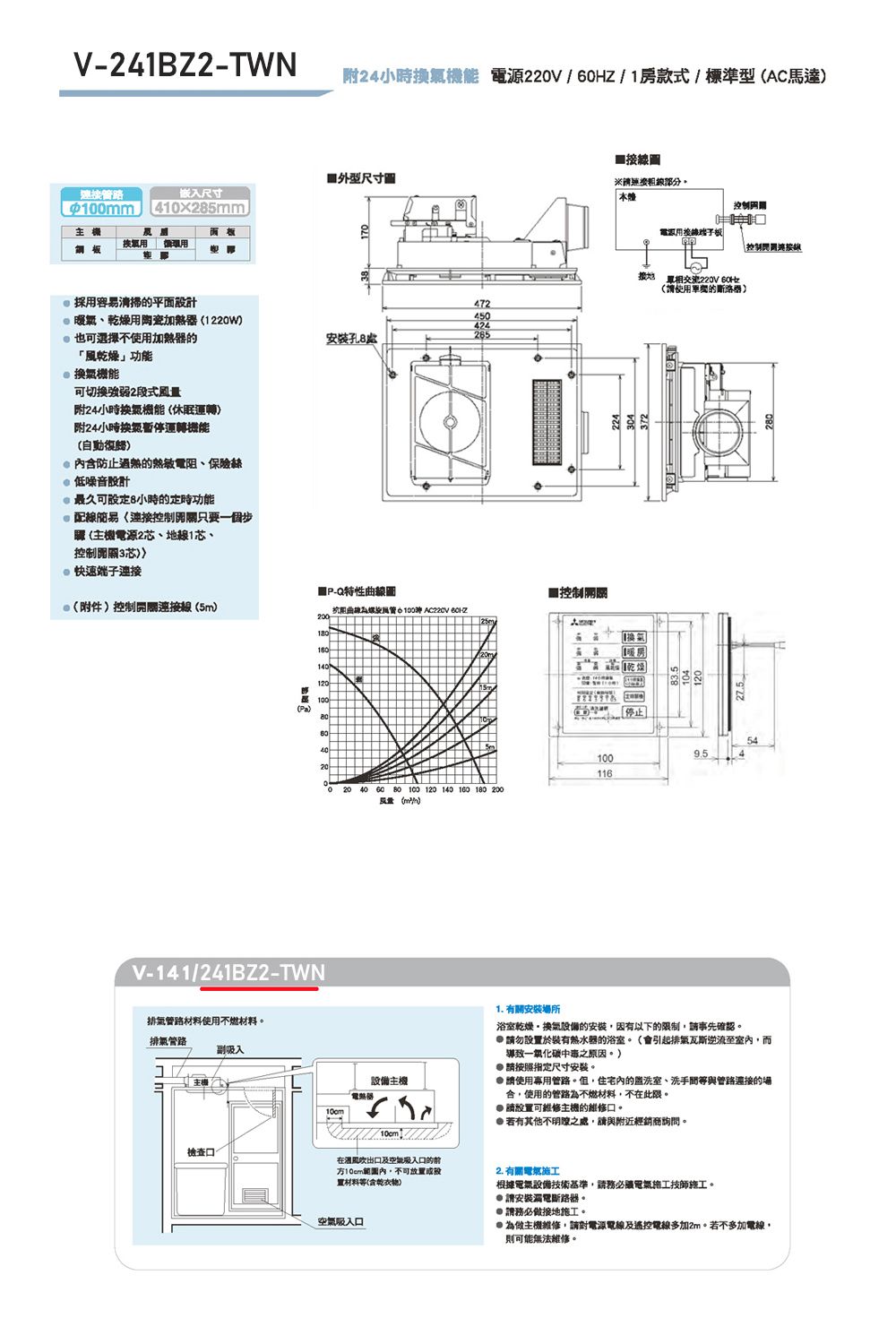 V-241BZ2-TWN24小時機能 電源220V/0HZ/1房款式/標準型AC馬達路型尺寸圖嵌入尺寸 410xmm主機面板鋼板 塑膠採容易平面乾燥用陶瓷1220W也可選擇不使用加熱器的「風乾燥」功能機能可切换2段式風量附24小時機能休眠運轉附24小時換氣暫停運轉機能(自動復歸6防止的電、保險絲低噪音設計@久可8小時的定時功能@配關只要一個步(主機電源2芯、線1芯、3芯)@快速@(附件)控制開關連接線(5m)最()472450安裝孔8處285接線圖控制用控制開連接線P-Q特性曲線圖■控制開關抗阻曲線管 AC220V 120V-141/241BZ2-TWN使用不燃材料排氣管路副檢查20 40    120 140 160 180 200量()主機地 220V 、(使用的換氣10011627.51. 有關安裝場所浴室乾燥換氣設備的安裝因有以下的限制請事先確認請勿於裝有熱水器的浴室(會引起排氣瓦斯逆流而導致一氧化碳中毒之原因)請按照指定尺寸安裝。 請使用專用管路。,住宅的洗室、洗手間與管路連接的場,使用的管路為不燃材料,不此限。請設可維修主機的維修。若有其他不明瞭之處,請與附近經銷商詢問。在出口及口的前方內,置材料(乾2. 有關根據設備技術基準,請務必電氣施工技師施工。請安裝斷路器。空氣吸入口請務必做施工。*為做主機維修,請對電源電線及遙控電線多加2m。若不多加電線,則可能無法維修。
