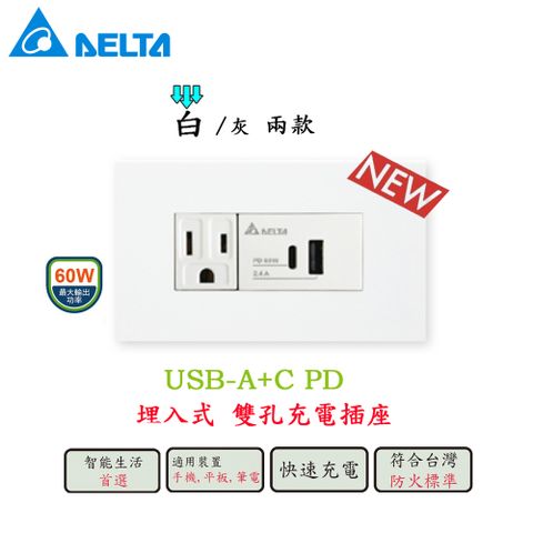 DELTA 台達電子 埋入式 60W USB-A+C PD充電插座及單插座附接地▲白▲