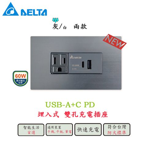 DELTA 台達電子 埋入式 60W USB-A+C PD充電插座及單插座附接地▲灰▲