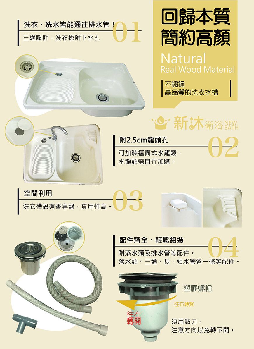 洗衣、洗水皆能通往排水管!三通設計洗衣板附下水孔回歸本質 簡約高顏NaturalReal Wood Material不鏽鋼高品質的洗衣水槽新 衛浴NEWBAH空間利用洗衣槽設有香皂盤實用性高附2.5cm龍頭孔可加裝檯面式水龍頭,02水龍頭需自行加購。配件齊全、輕鬆組裝附落水頭及排水管等配件,。落水頭、三通、長、短水管各一條等配件。塑膠螺帽往右轉緊往左T轉開須用點力,注意方向以免轉不開。