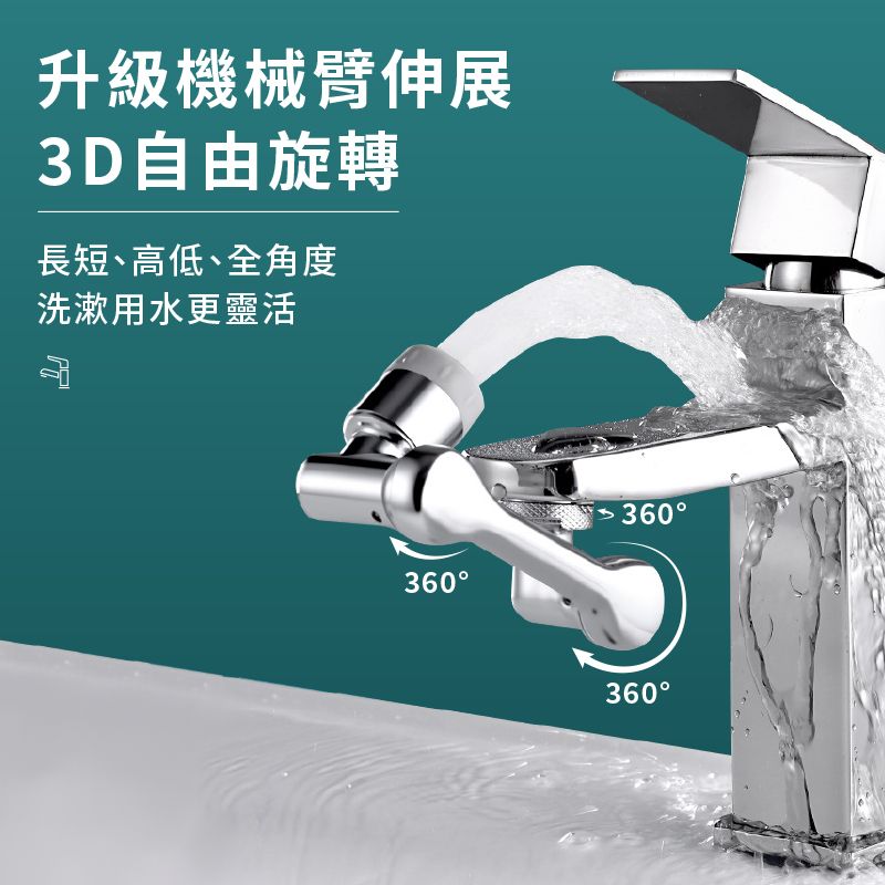  3D機械臂式萬向水龍頭【全銅款-附工具包】(可折合收起/雙模式)