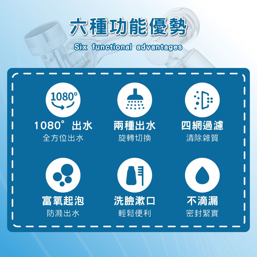 六種功能優勢Six functional advantages10801080°出水兩種出水四網過濾全方位出水旋轉切換清除雜質富氧起泡洗臉漱口不滴漏防濺出水輕鬆便利密封緊實