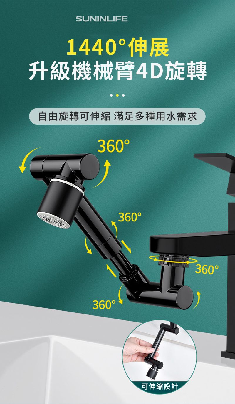 SUNINLIFE1440伸展升級機械臂4D旋轉自由旋轉可伸縮滿足多種用水需求360360360可伸縮設計360°
