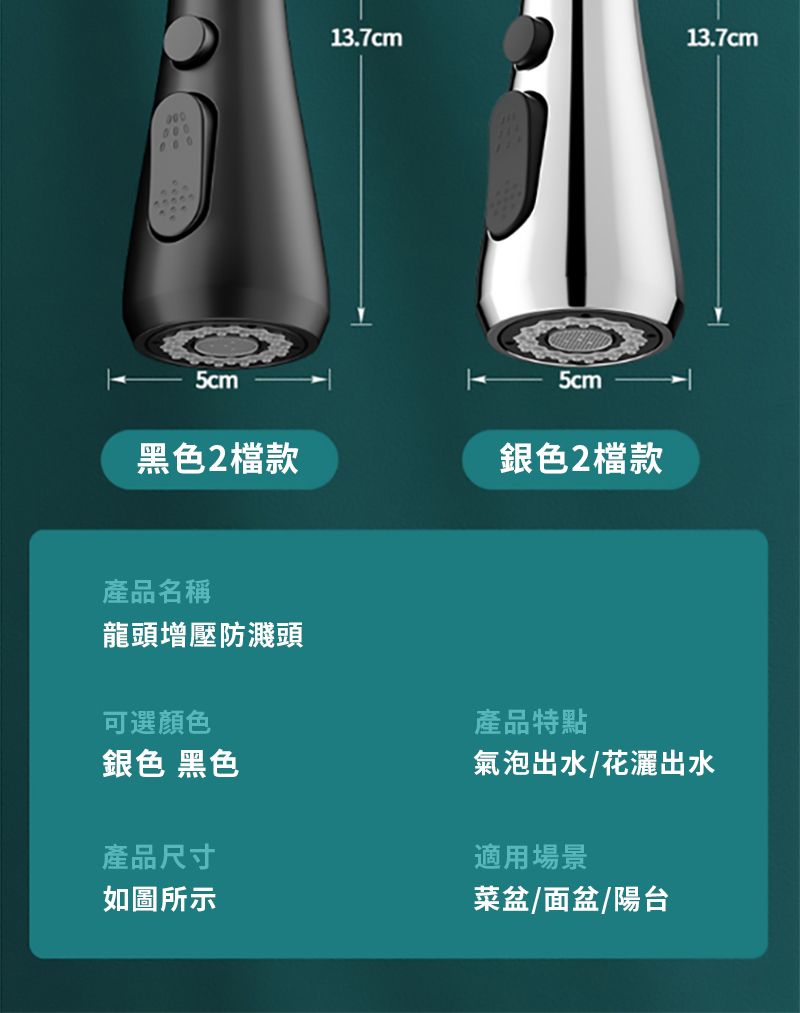 5cm13.7cm13.7cm5cm黑色2檔款銀色2檔款產品名稱龍頭增壓防濺頭產品特點可選顏色銀色 黑色氣泡出水/花灑出水產品尺寸適用場景如圖所示菜盆/面盆/陽台