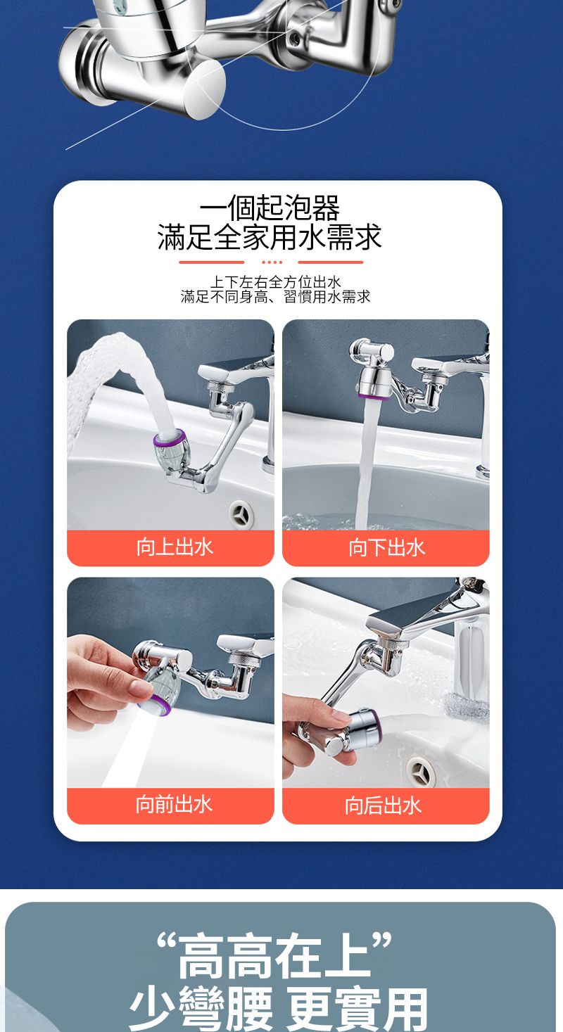 一個起泡器滿足全家用水需求上下左右全方位出水滿足不同身高、習慣用水需求向上出水向下出水向前出水向后出水“高高在上”少彎腰 更實用