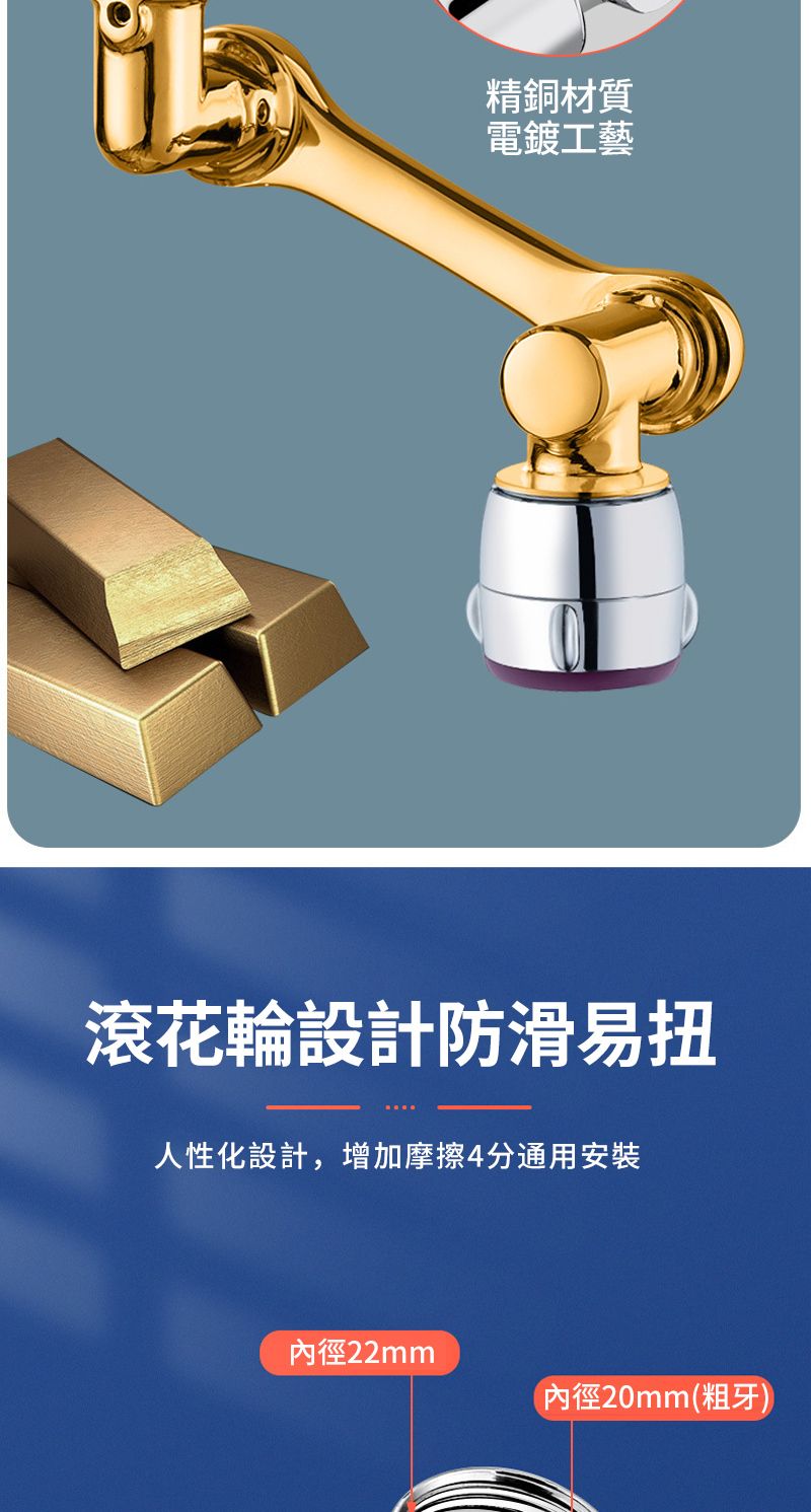 精銅材質電鍍工藝滾花輪設計防滑易扭人性化設計,增加摩擦分通用安裝內徑22mm(內徑20mm(粗牙)