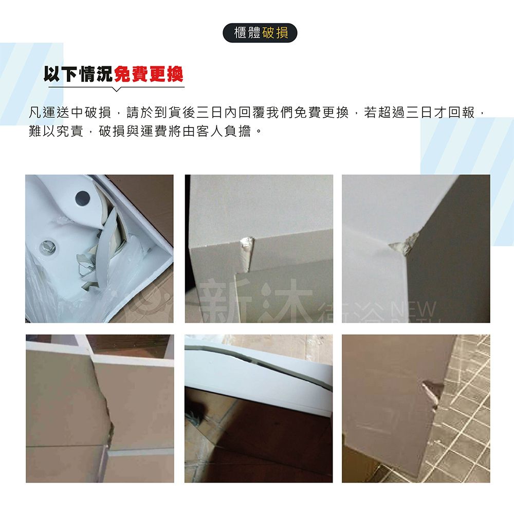 櫃體破損以下情況免費更換凡運送中破損,請於到貨後三日內回覆我們免費更換,若超過三日才回報,難以究責,破損與運費將由客人負擔。NEW