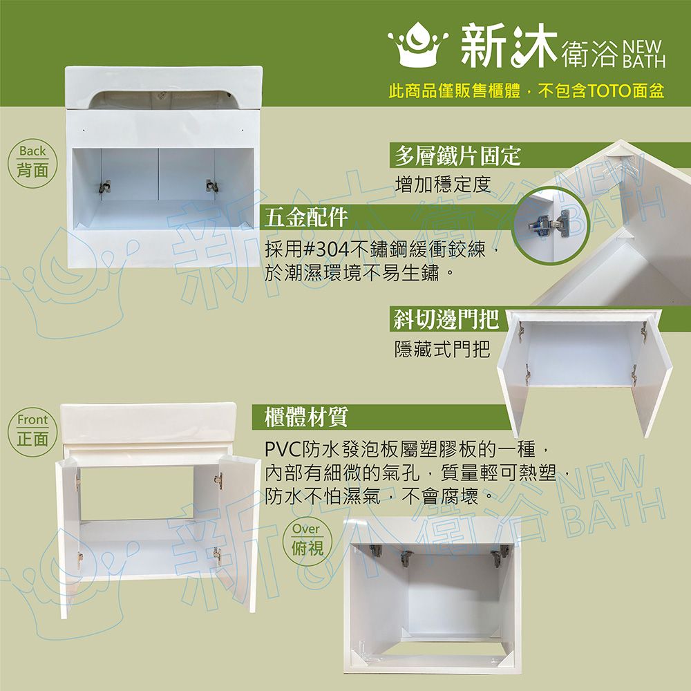 新衛浴此商品僅販售櫃體,不包含TOTO面盆Back背面 五金配件 多層鐵片固定增加穩定度採用#304不鏽鋼緩衝鉸練,於潮濕環境不易生鏽。斜切邊門把隱藏式門把Front正面櫃體材質PVC防水發泡板屬塑膠板的一種,內部有細微的氣孔,質量輕可熱塑防水不怕濕氣,不會腐壞。OverNEWBATH