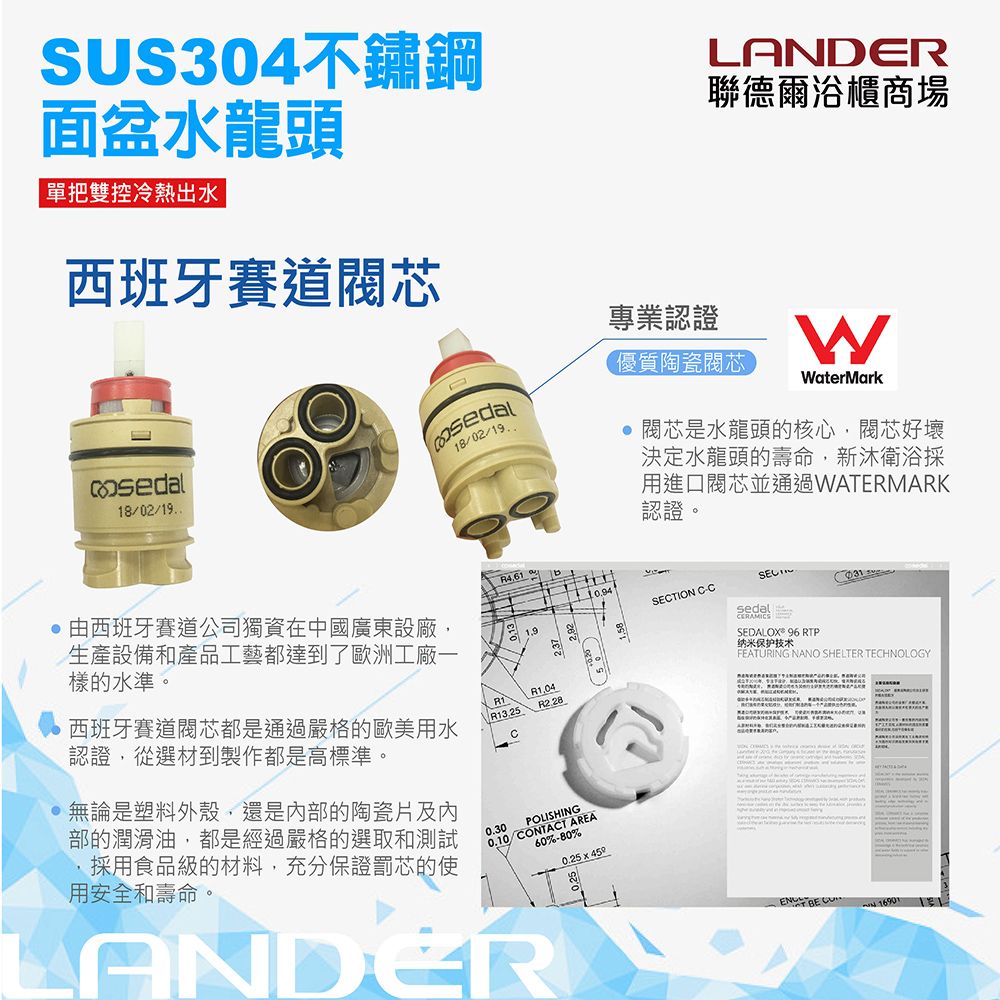 SUS304不鏽鋼面盆水龍頭單把雙控冷熱出水LNDER聯德爾浴櫃商場西班牙賽道專業認證1/02/1918/02/19優質陶瓷閥芯由西班牙賽道公司獨資在中國廣東設廠生產設備和產品工藝都達到了歐洲工廠一樣的水準。aterMark 閥芯是水龍頭的核心,閥芯好壞決定水龍頭的壽命,新衛浴採用進口閥芯並通過WATERMARK認證。SETION CCA sedalSEDALOX 96 RTP纳米保护技术FEATURING NANO SHELTER TECHNOLOGY1.98無論是塑料外殼,還是部的陶瓷片及內部的潤滑油,都是經過嚴格的選取和測試,採用食品級的材料,充分保證罰芯的使用安全和壽命。西班牙賽道閥芯都是通過嚴格的歐美用水認證,從選材到製作都是高標準。.04R1 R13.25R2 28C0.30POLISHING0.10/CONTACT AREA60-80%LANDER W BE