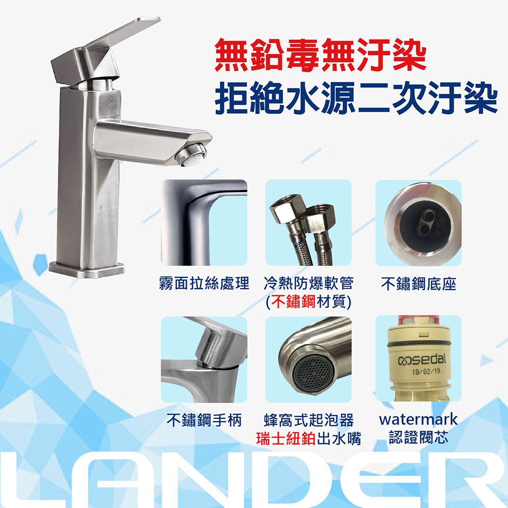 無鉛毒無汙染拒絕水源二次汙染霧面拉絲處理 冷熱防爆軟管不鏽鋼底座(不鏽鋼材質)18/02/19不鏽鋼手柄 蜂窩式起泡器watermark瑞士紐鉑出水嘴認證LANDER