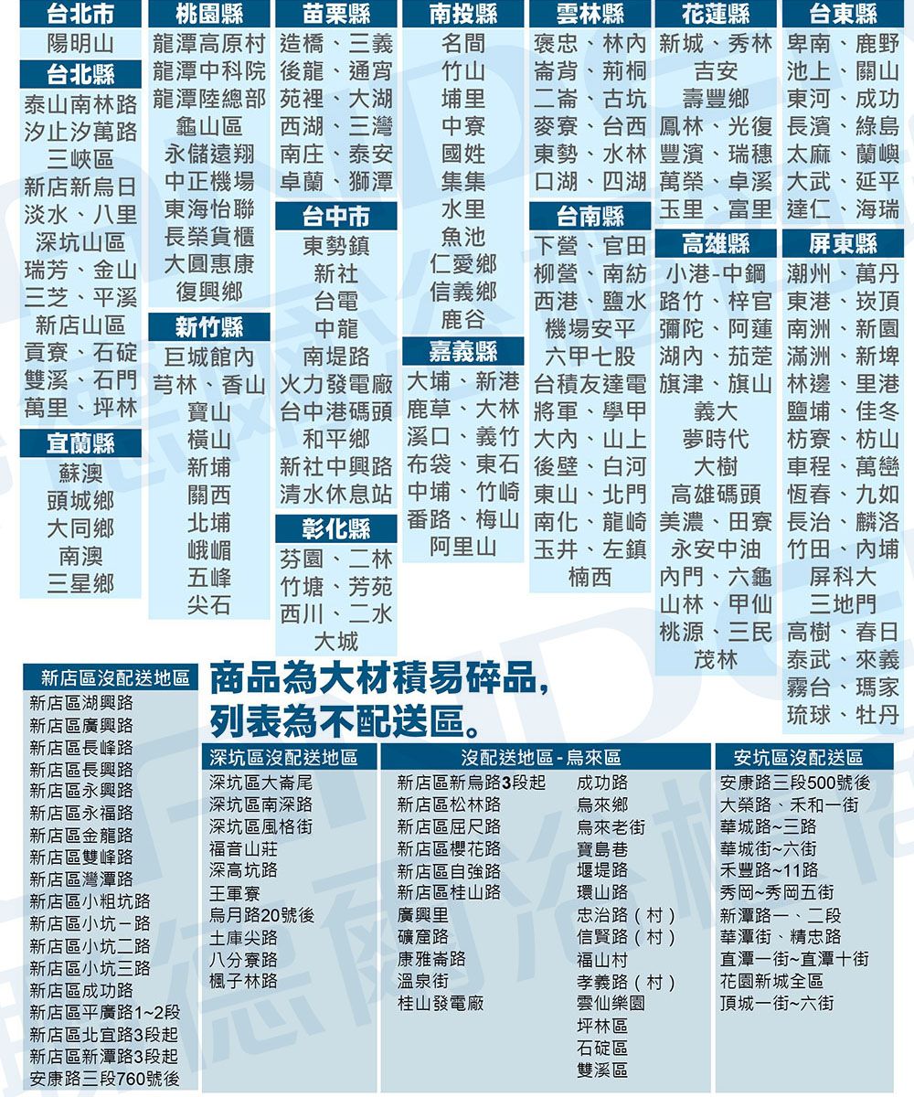 台北市陽明山台北縣泰山南汐止汐萬三峽區店日淡水、里坑山區瑞芳、金山三芝、平溪新店山區貢寮、石碇 巨城雙溪、石門 芎林、香山萬里、坪林桃園縣龍潭高原村龍潭中科院龍潭陸總部龜山區永儲遠翔中正機場東海怡聯長貨櫃惠苗栗縣造橋、三義後龍、通宵苑裡、大湖西湖、三灣南庄、泰安卓蘭、獅潭南投縣雲林縣花蓮縣台東縣名間竹山埔里褒忠、林崙背、荊桐二崙、古坑新城、秀林吉安壽豐鄉卑南、鹿野池上、關山東河、成功中寮國姓集集台中市水里東勢鎮新社復興鄉新竹縣台電中龍南堤路寶山宜蘭縣橫山蘇澳新埔頭城鄉關西大同鄉北埔南澳峨嵋三星鄉五峰尖石火力發電廠台中港碼頭和平鄉新社中興路清水休息站彰化縣芬園、二林竹塘、芳苑西川、二水大城台南縣魚池下營、官田仁愛鄉柳營、南紡信義鄉西港、鹽水鹿谷機場安平嘉義縣六甲七股大埔、新港 台積友達電鹿草、大林 將軍、學甲溪口、義竹 大、山上布袋、東石 後壁、白河中埔、竹崎 東山、北門番路、梅山 南化、龍崎阿里山麥寮、台西 鳳林、光復東勢、水林 豐濱、瑞穗口湖、四湖 萬榮、卓溪玉里、富里長濱、綠島太麻、蘭嶼大武、延平達仁、海瑞高雄縣小港-中鋼路竹、梓官彌陀、阿蓮湖、茄萣旗津、旗山義大夢時代大樹玉井、左鎮楠西新店區沒配送地區商品為大材積易碎品,高雄碼頭美濃、田寮永安中油內門、六龜山林、甲仙桃源、三民茂林列表為不配送區。屏東縣潮州、萬丹東港、崁頂南洲、新園滿洲、新埤林邊、里港鹽埔、佳冬枋寮、枋山車程、萬巒恆春、九如長治、麟洛竹田、內埔屏科大三地門高樹、春日泰武、來義霧台、瑪家琉球、牡丹新店區湖興路新店區興路新店區長峰路新店區長興路新店區永興路新店區永福路新店區金龍路新店區雙峰路新店區灣潭路新店區小粗坑路新店區小坑-路新店區小坑二路新店區小坑三路新店區成功路新店區平廣路1~2段新店區北宜路3段起新店區新潭路3段起安康路三段760號後深高坑路軍寮月路20號後庫尖路深王土八路路分子楓子林路深坑區沒配送地區深坑區大崙尾深坑區南深路深坑區風格街福音山莊新新廣康沒配送地區-烏來區新店區新烏路3段起新店區松林路新店區屈尺路新店區櫻花路新店區自強路新店區桂山路廣興里安坑區沒配送區成功路烏來鄉安康路三段500號後大榮路、禾和一街礦窟路康雅崙路烏來老街寶島巷堰堤路環山路忠治路(村)信賢路(村)福山村華城路~三路桂山發電廠孝義路(村)雲仙樂園坪林區華城街~六街禾豐路~11路秀岡~秀岡五街新潭路一、二段華潭街、精忠路直潭一街~直潭十街花園新城全區頂城一街~六街石碇區雙溪區