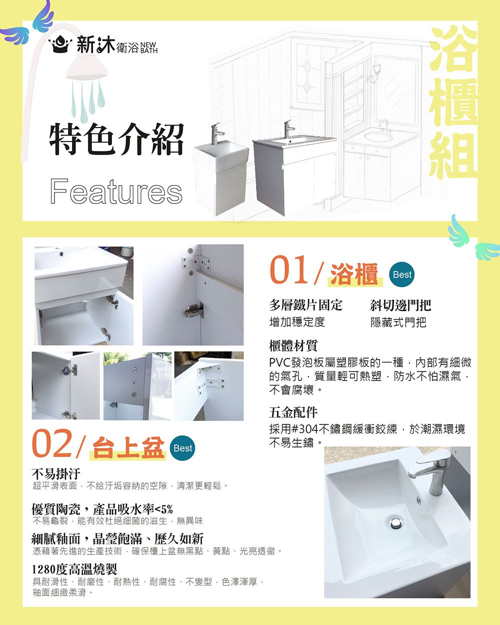 新衛浴料特色介紹 Features01/02/台上盆不易掛Best超平滑表面不容納的空隙清潔更輕鬆。優質陶瓷產品吸水率5%浴櫃Best多層鐵片固定增加穩定度斜切邊門把隱藏式門把櫃體材質PVC發泡板屬塑膠板的一種內部有細微的氣孔質量輕可熱塑防水不怕濕氣不會腐壞。五金配件採用#304不鏽鋼緩衝練,於潮濕環境不易生鏽。不易龜裂,能有效杜絕細菌的滋生,無異味細膩釉面,晶瑩飽滿歷久如新憑藉著先進的生產技術,確保檯上盆無黑點、黃點、光亮透徹。1280度高溫燒製具耐滑性、耐磨性、耐熱性、耐腐性、不變型、色澤渾厚,釉面細緻柔滑。