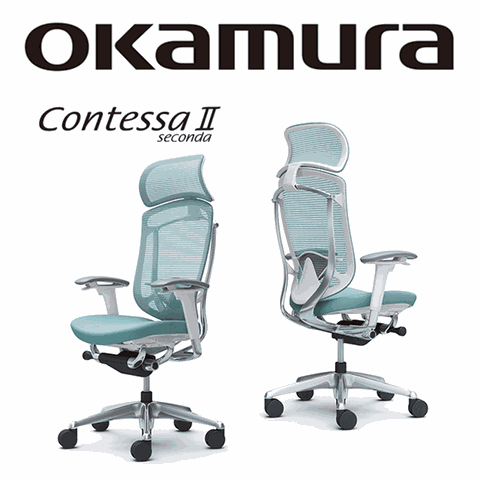 【日本OKAMURA】Contessa II 人體工學概念椅(白框)(襯墊座)(鼠尾草綠色)(大網枕)