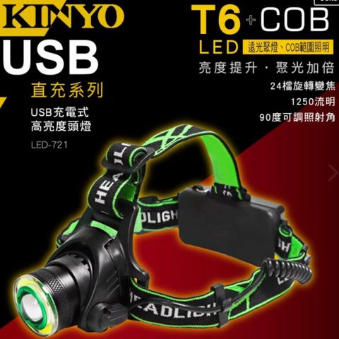 【KINYO】 USB充電式高亮度頭燈 (LED-721)