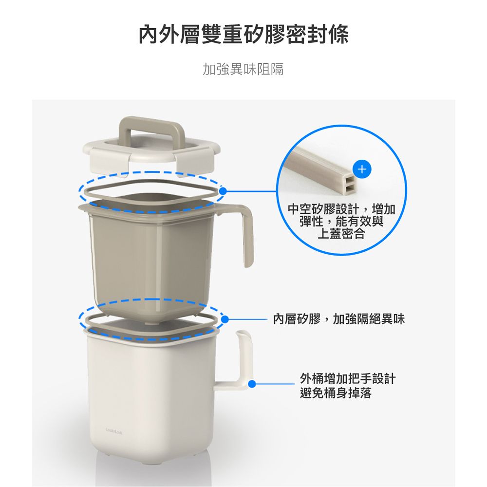 內外層雙重矽膠密封條加強異味阻隔中空矽膠設計,增加彈性,能有效與上蓋密合內層矽膠,加強隔絕異味外桶增加把手設計避免桶身掉落