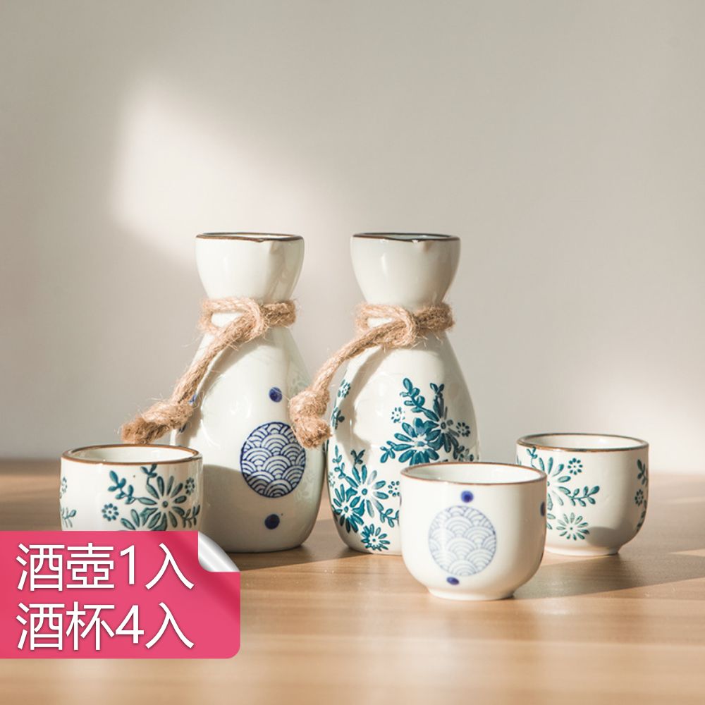 茉家 【茉家】日式菊鹿紋復古清酒壺酒杯組-1壺4杯