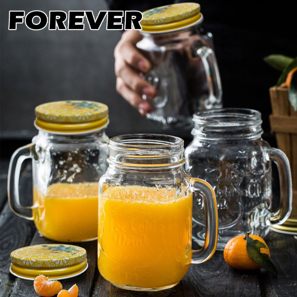 FOREVER 鋒愛華 【日本】把手玻璃馬克杯/梅森杯450ML(附蓋)-6入組