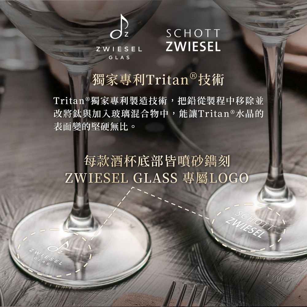 Z WIESEGLASSCHOTTZWIESEL獨家專利Tritan®技術Tritan®獨家專利製造技術,把鉛從製程中移除並改將鈦與加入玻璃混合物中,能讓Tritan®水晶的表面變的堅硬無比。每款酒杯底部皆噴砂鐫刻ZWIESEL GLASS LOGOZWIESELGLASLSCHOTTZWIESEL