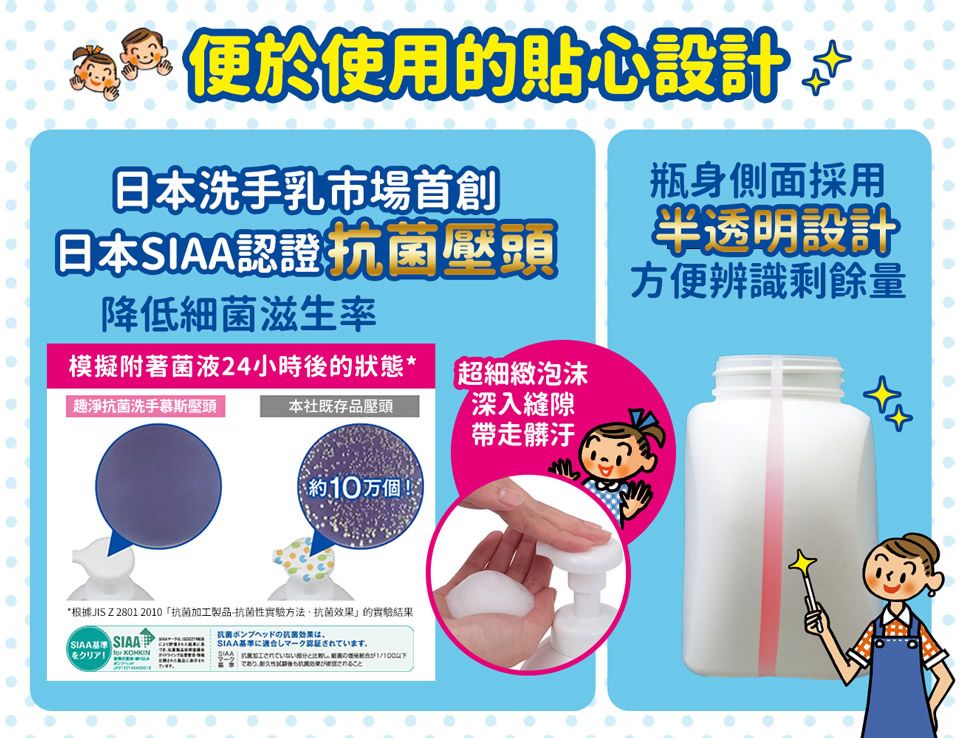 便於使用的貼心 日本洗手乳市場首創日本SIAA認證壓頭瓶身側面採用半透明設計方便辨識剩餘量降低細菌滋生率模擬附著菌液24小時後的狀態*超細緻泡沫趣抗菌洗手慕斯壓頭本社既存品壓頭【深入縫隙帶走髒汙約10万個!!*根據JIS Z 2801 2010「抗菌加工製品抗菌性實驗方法抗菌效果的實驗結果SIAA SIAAをクリア! ヘッドのはSIAA