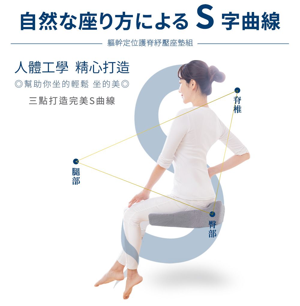 自然な座り方によるS字曲線軀幹定位護脊壓座組人體工學 精心打造◎幫助你坐的輕鬆 坐的美◎三點打造完美S曲線