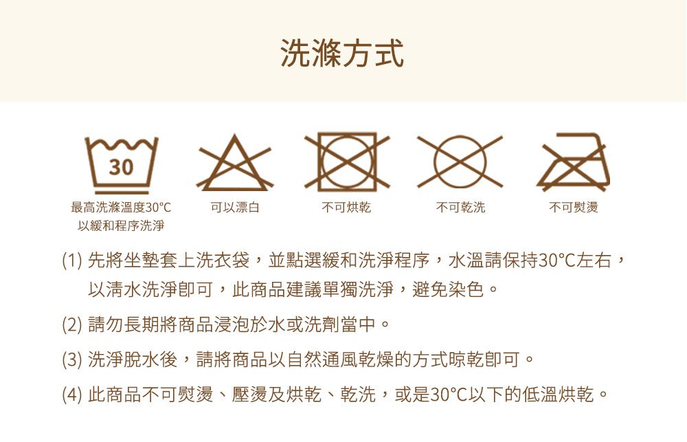 30洗滌方式最高洗滌溫度30以緩和程序洗淨可以漂白不可烘乾不可乾洗不可熨燙(1) 先將坐墊套上洗衣袋,並點選緩和洗淨程序,水溫請保持30左右,以清水洗淨,此商品建議單獨洗淨,避免染色。(2) 請勿長期將商品浸泡於水或洗劑當中。(3) 洗淨脫水後,請將商品以自然通風乾燥的方式晾乾。(4) 此商品不可熨燙、壓燙及烘乾、乾洗,或是30℃以下的低溫烘乾。