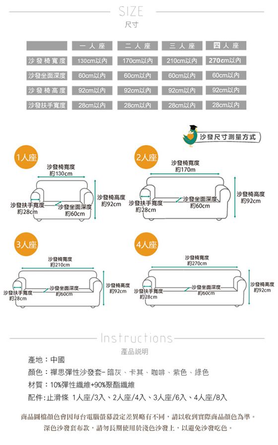 SIZE尺寸人座二人座三人座四人座椅130cm以內170cm以內210cm以內 270cm以內 沙發坐面深度60cm以內60cm以內60cm以內60cm以內沙發椅高度92cm以內92cm以內92cm以內92cm以內 沙發扶手以內28cm以內28cm以內28cm以內1人座2人座沙發椅沙發椅寬度170m約130cm沙發尺寸测量方式沙發椅高度沙發椅高度沙發坐面深度沙發扶手度一約28cm沙發坐面深度約60cm約92cm 沙發扶手度約28cm約92cm約60cm3人座沙發椅寬度約210cm4人座沙發椅寬度約270cm沙發椅高度沙發坐面深度沙發坐面深度沙發椅高度沙發扶手寬度約92cm約28cm沙發扶手寬度約28cm約92cmInstructions產品說明產地:中國顏色:禪思彈性沙發套-暗灰卡其、咖啡、紫色、綠色材質:10%彈性纖維+90%聚酯纖維配件:止滑條 1人座/3入、2人座/4入、3人座/6入、4人座/8入商品圖檔顏色會因每台電腦螢幕設定差異略有不同,請以收到實際商品顏色為準。深色沙發套布款,請勿長期使用於沙發上,以避免沙發吃色。