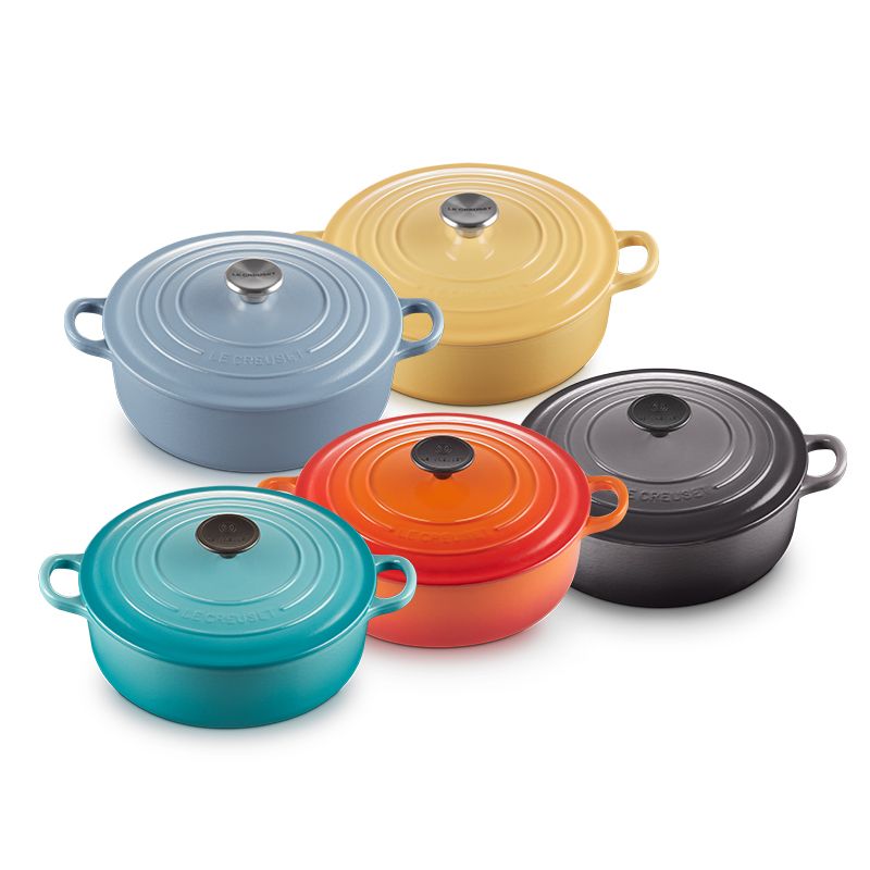 LE CREUSET 琺瑯鑄鐵鍋圓形燉鍋24cm(加勒比海藍/燧石灰/溫桲黃/礦石藍)盒損品