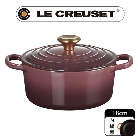 LE CREUSET-典藏琺瑯鑄鐵鍋圓鍋 18 cm(無花果-金頭-內鍋黑)