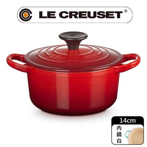 LE CREUSET-琺瑯鑄鐵鍋圓鍋 14cm (櫻桃紅-電木頭-內鍋白)