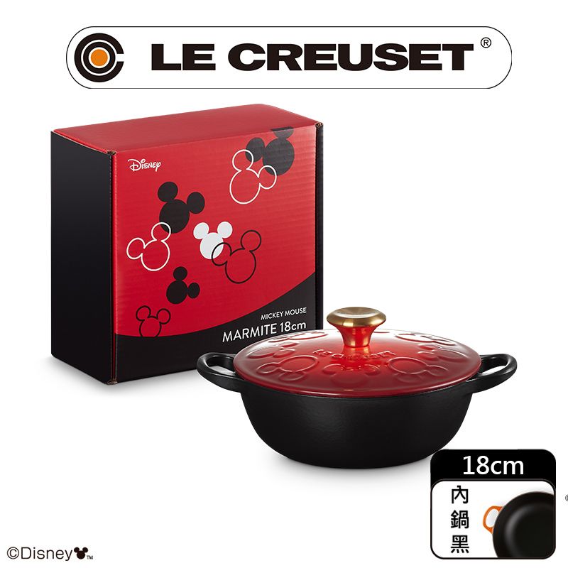 LE CREUSET -迪士尼米奇系列 琺瑯鑄鐵鍋媽咪鐵鍋18cm (櫻桃紅-金頭-內鍋黑)