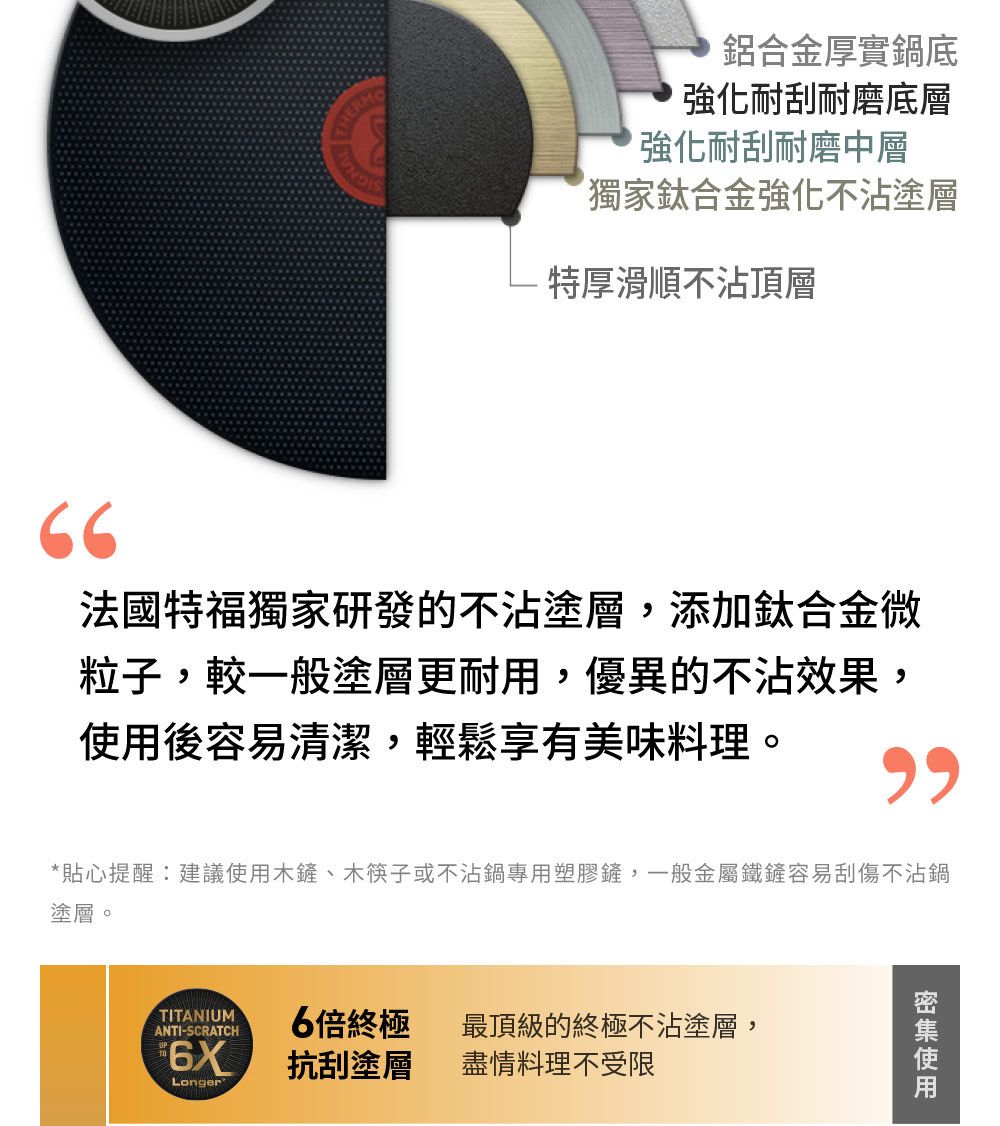 鋁合金厚實鍋底強化耐刮耐磨底層強化耐刮耐磨中層獨家鈦合金強化不沾塗層特厚滑順不沾頂層66法國特福獨家研發的不沾塗層,添加鈦合金微粒子,較一般塗層更耐用,優異的不沾效果,後容易清潔,輕鬆享有美味料理。*貼心提醒:建議使用木鏟、木筷子或不沾鍋專用塑膠鏟,一般金屬鐵鏟容易刮傷不沾鍋塗層。TITANIUMANTI-SCRATCH6倍終極最頂級的終極不沾塗層,6X抗刮塗層盡情料理不受限Longer使用